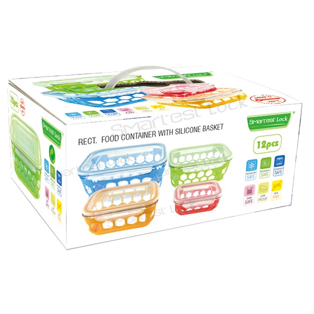 RECTANGULAR FOOD CONTAINER W/SILICONE BASKET SETS BLRE1-2+BLRE2-2+BLRE3-2+BLRE4-2 COLOR BOX